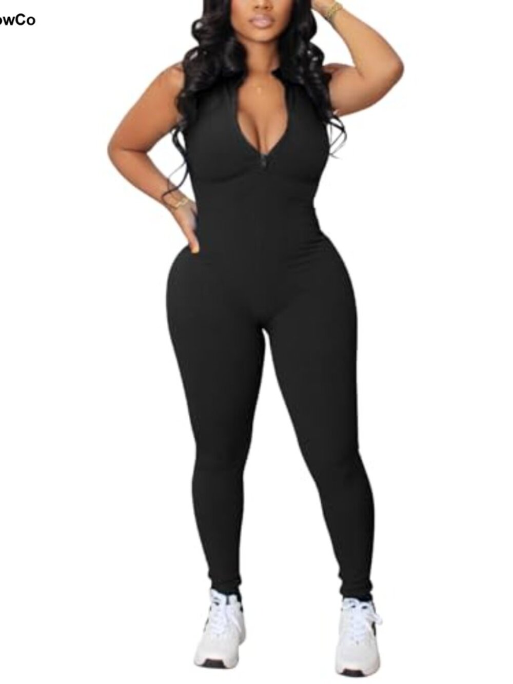 Women's Ribbed Bodycon Long Jumpsuit Sleeveless Zip V-Neck